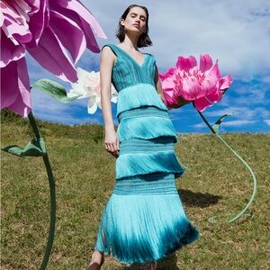 PATBO PLUNGING FRINGE MIDI DRESS